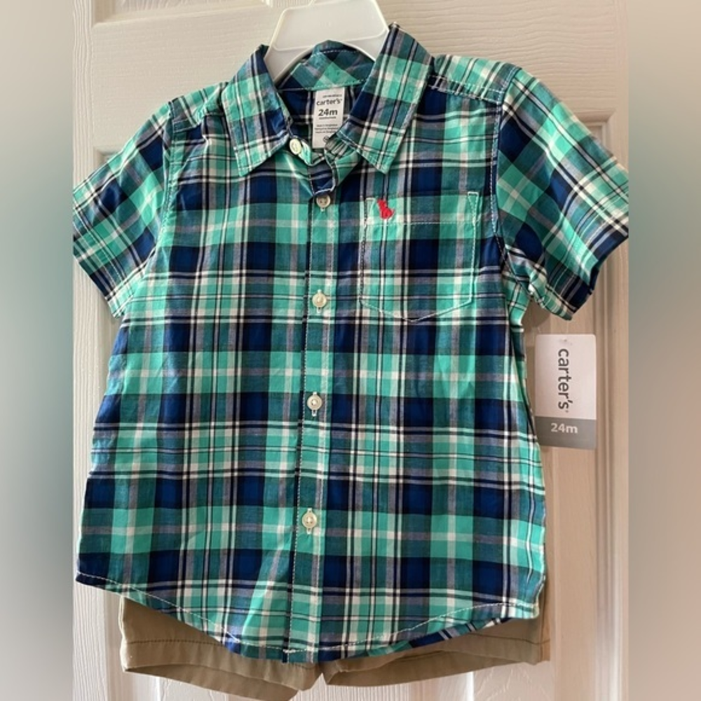 Carters NWT 24 mo 2‎ piece outfit, blue/green plaid button up & khaki shorts set